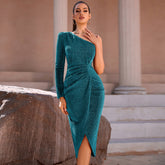 Evening Dress  Elegant Evening Dress Pleated One Shoulder Long Sleeve Party Dress